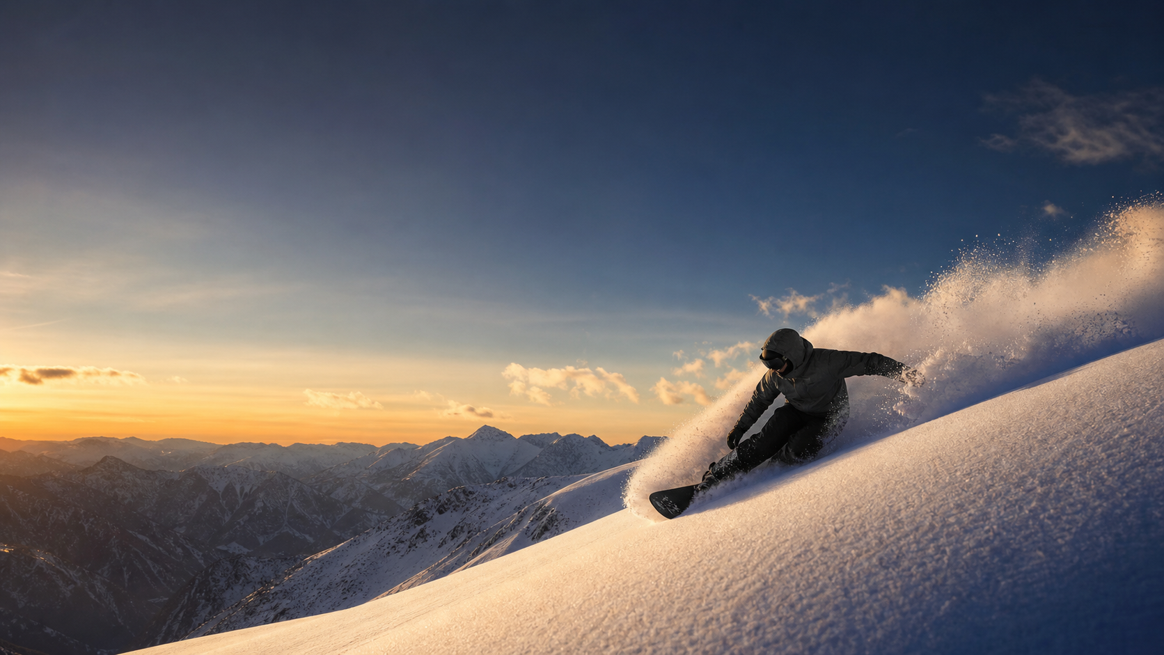A snowboarder carving through fresh snow in the mountains